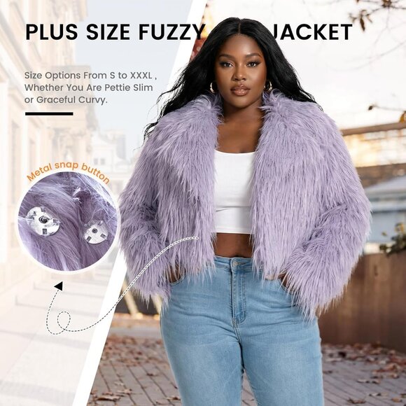 Women's Fur Coats Cropped Faux Fuzzy Warm Jacket Fluffy Fall Coat Purple Grey - Picture 5 of 5
